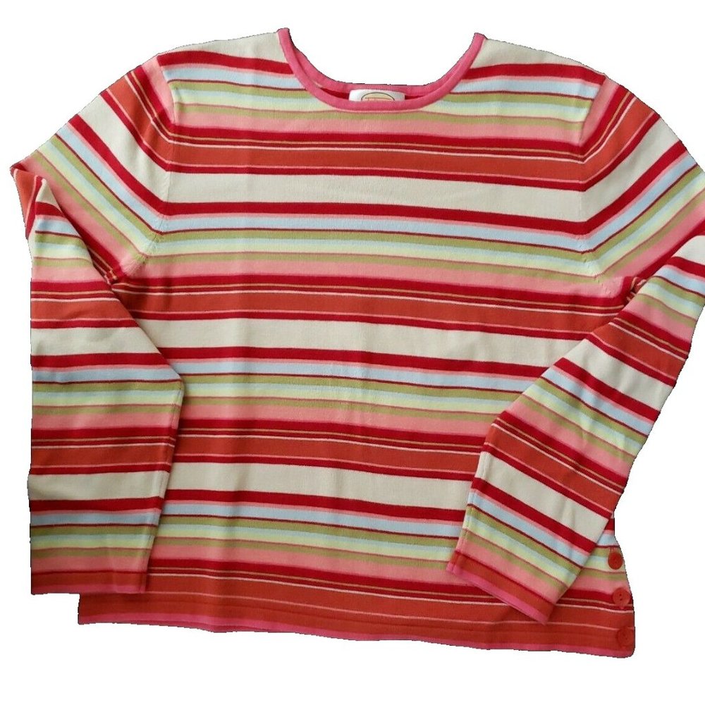 Talbots Petites Red Multi Striped Cotton Retro Pullover Crew Neck Sweater Large